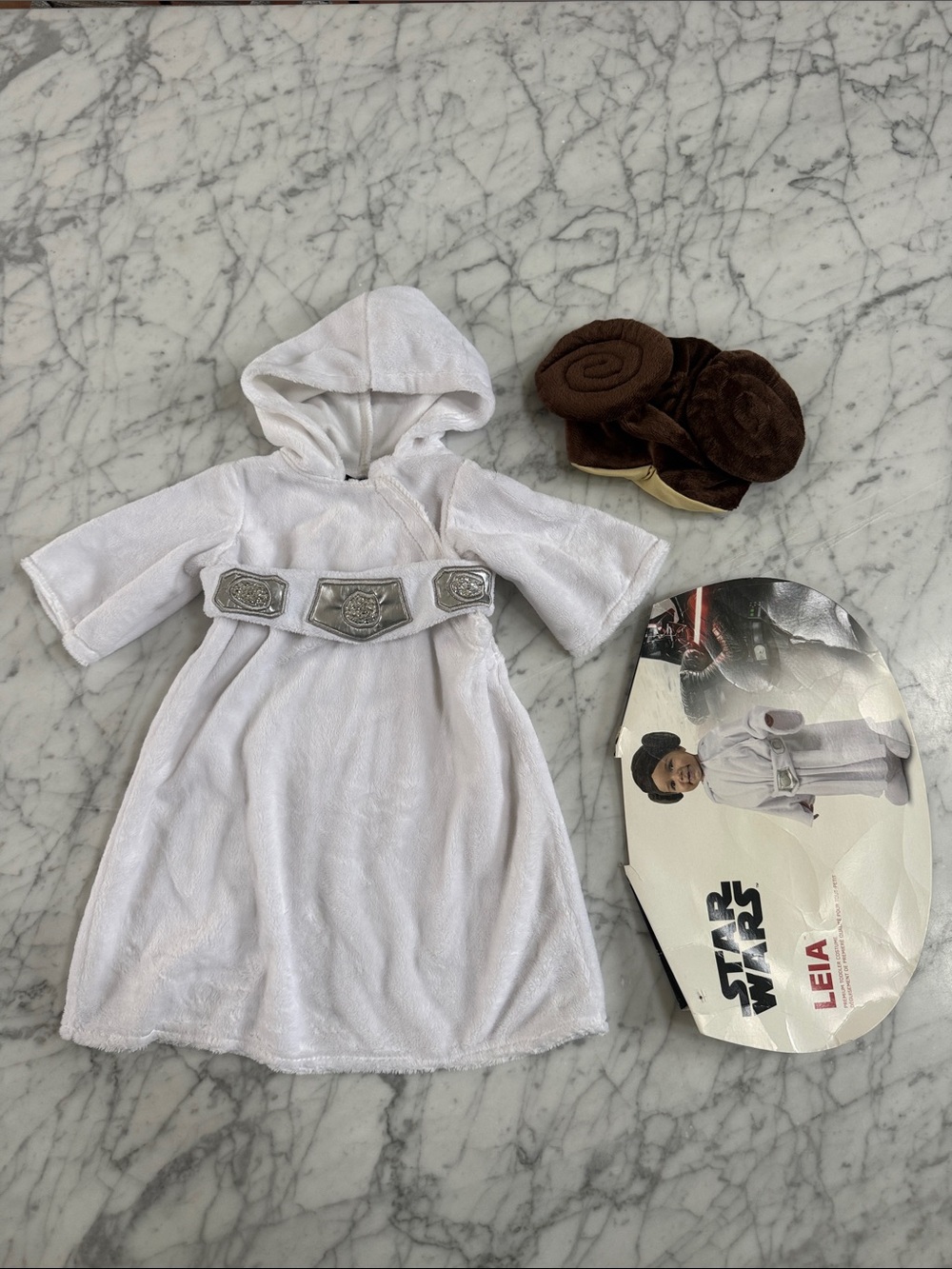 Star Wars White Princess Leia Hooded Robe Brown Hair Buns 0/3 Mo
